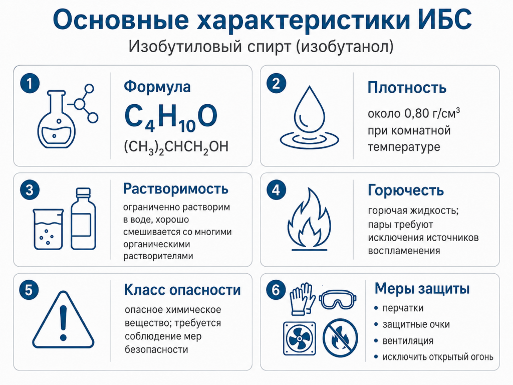 Инфографика с основными характеристиками ИБС: формула, плотность, растворимость, горючесть, класс опасности и меры защиты